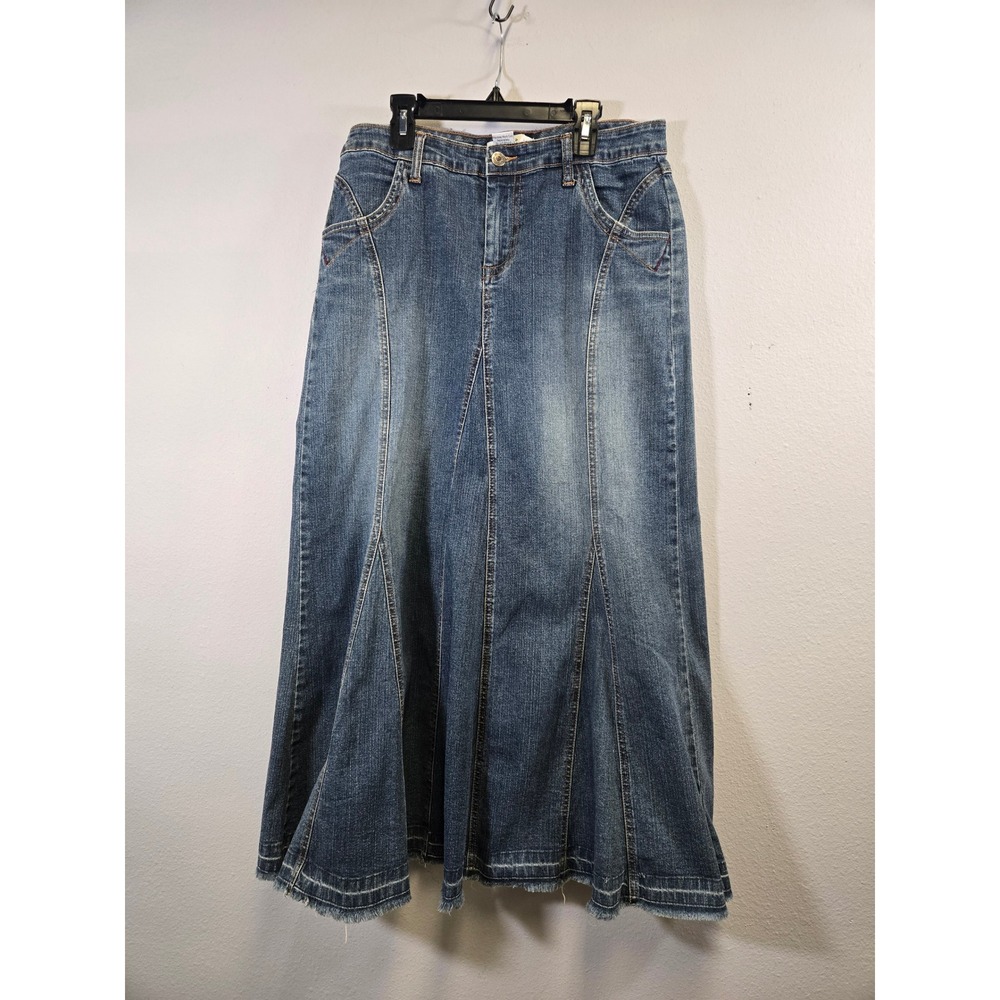 Cabi Denim Maxi Skirt High Waisted Raw Hem Paneled Flare Blue 8 - Picture 2 of 7